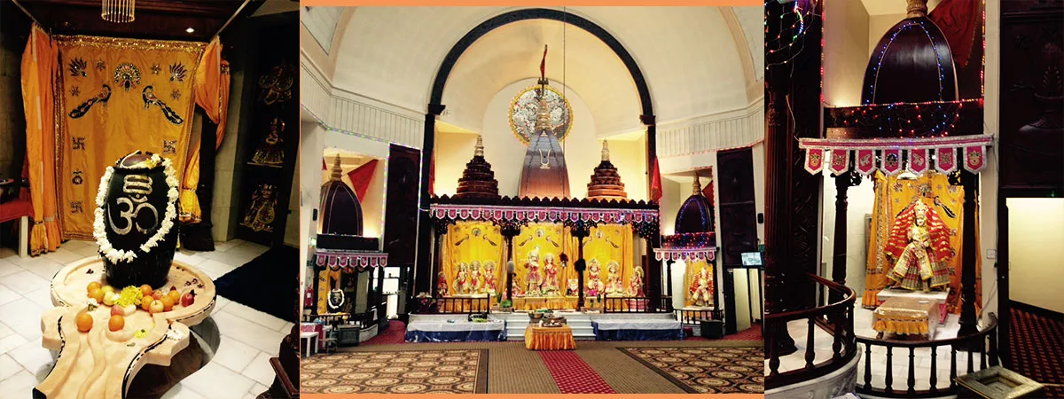 Inside Hindu Mandir Glasgow: the Shiva Lingam shrine on the left, the main hall with its row of shrines in the centre, and Durga Maa on the right